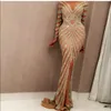 Yousef Aljasmi 2021 Mermaid Evening Dresses Luxury Long Sleeve Champagne Sequined Sexy Sheer Jewel Neck Front Split Prom Gowns Cus331U