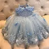 Bleu ciel clair perles filles Pageant robes Appliqued perlée robe de fille de fleur pour les mariages enfants longue princesse boule d'anniversaire G286c