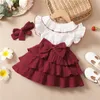 Été enfant en bas âge enfant filles robe douce vêtements contraste couleur à volants col rond manches volantes a-ligne gâteau robe + bandeau