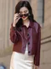 Women's Leather Fanxiang 2023 Autumn/Winter Genuine Coat Sheepskin Button Short Flip Collar Slim Fit Motorcycle Casual