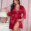 Roupa de dormir feminina tamanho grande roupão de banho de seda gelada sexy rendas roupas para casa camisola feminina fina cardigan gravata pijama