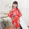 Women's Sleepwear White Print Flower Child Robe Nightgown Loose Lingerie Lounge Kimono Bath Gown Summer Half Sleeve Short Negligee