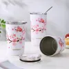 Tumblers rostfritt stål Cherry Blossom Cup Dubbel väggkaffe med täckläcka Proof Travel Camping Tea Roller Drink 230719