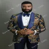 Hommes Costumes Motif Or et Bleu Marine Marié Tuxedos Châle Satin Revers Garçons D'honneur De Mariage Homme Veste Pantalon Gilet Cravate C699229k