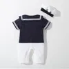 Rompers Baby Navy Romper Summer Born Kids Boys Girls Sailor Jumpsuit Hat 2st Body Short Sleeve Anchor Printed Suit 230720