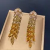 스터드 럭셔리 브랜드 Marquise Yellow Cubic Zirconia Earrings Leaf Flower Long Dangle Earring for Women Bridal Wedding Jewelry 230719