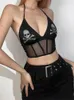 Women's Tanks 2023 Dark Skull Rhinestone Emo V-neck Halter Camisole Mall Gothic Grunge Sexy Backless Women Crop Tops Mesh Sheer Splice