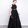 Vestido de dama de honra preto um ombro só com renda de penas vestido de dama de honra até o chão vestido formal corpete feito sob medida206R