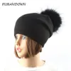 Vrouwen winter wol gebreide hoeden pompom beanie natuurlijke vossenbont pompons hoed effen kleur causale hoed cap D18110102226L