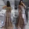 Silver Green Long Sleeve Prom Formal Dresses Lace Stain Beaded Sexy Slit Vestido de noche Full Length Evening Gown Wear3104