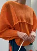 Frauen T-Shirts LANMREM Plissee Lose T-shirt Für Frauen Lange Ärmel Orange Farbe 2023 Sommer Batwing Stil Weibliche Mode Top 2DA1609