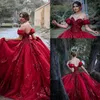 2021 Sexy Dark Red Quinceanera Ball Gown Dresses Off Shoulder Sequined Lace Appliqus Sequins Sweet 16 Sweep Train Plus Size Party 242s