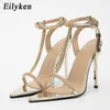 Sandals Eilyken Plus 35-42 CHAIN Pointed Peep Toe Buckle Strap Women's Sandals Thin Heels Golden Female Party Stripper Shoes L230720