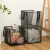 Storage Baskets Folding Laundry Basket Square Fine Mesh Breathable Clothes Hamper Portable Bathroom Dirty Clothes Dolls Storage Organizer R230726