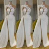 2021 Sexy Arabe Dubaï Exquis Dentelle Blanc Robes De Bal Col Haut Une Épaule À Manches Longues Fleurs Robe De Soirée Formelle Côté Spli300M