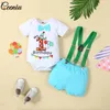 Conjuntos de roupas Ceeniu Summer Baby Boy Birthday Outfits Letter One Gravata Romper Suspensório Shorts Para Meninos 3pcs Infantil Bolo Smash Clothes