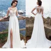 Summer Beach Millanova 2019 Sexig Sheer Lace Appliced ​​A Line Wedding Dresses Half ärmar Högdelad Chiffon Billiga brudklänningar254s