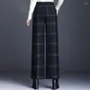 Pantaloni da donna autunno inverno lana scozzese addensato moda donna gamba larga vita alta pantaloni casual da ufficio larghi da donna