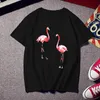 新しい夏のTシャツメンズアンドレディースラウンドネックルーズフラミンゴパターンホワイト半袖Tシャツトップ