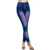 Leggings femininas Moda Faux Denim Jean Skinny Jeggings Calças de cintura alta Femininas Estampadas até o tornozelo Leggings finas Fitness Plus Size