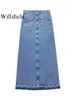 Spódnice WillShela Women Fashion Dżins Blue Solid Front Zipper Slit Maxi spódnica Vintage High talia Kobieca elegancka dama 230720
