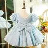 Robes de fille Enfants Filles Fête De Mariage Bleu Princesse Robe D'anniversaire Performance Enfants Robes De Bal Appliques Puffy Manches Arc Costume