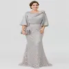 2022 New Silver Elegant Long Mother Of The Bride Dresses Half Sleeve Lace Mermaid Wedding Guest Dress Plus Size Formal Evening Wea290M