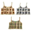 Women's Tanks 83XC Women Hollow Out Crochet Sleeveless Camisole Boho Knitted Contrast Colored Plaid Floral Crop Tank Top Scalloped Trim