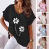 Damesblouses Lady Loose T-shirt Bloemen V-hals Zomer T-shirt Zacht ademend Casual Halflange top Dames V-hals