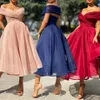 2021 Deniz Kızı Prom Elbiseler Pembe Kırmızı Mavi Kapalı Omuz V Boyun Sırtsız Nedime Resmi Parti Elbise Ucuz Zarif Hizmetçi DRE218Z