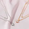 Cute Iced Out Cubic Zirconia Korean Simple Double Crystal Love Necklace Heart Pendant 2 Layered Chain Valentines Gifts Girlfriends Gold Color Jewelry For Women