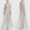 Dwa kawałki Jumpsuits Mother of the Bride sukienki z koronkową kurtką srebrną szarą szyfonową długie wieczorne sukienki imprezowe spodnie plus size228o