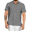 Men's Casual Shirts 100D Four Sided Check Short Sleeve Turn-Down Collar Button Blouse Male Beach Plaid Print Slim Cardigan