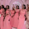 2019 Wunderschönes errötendes rosa Meerjungfrau-Afrikaner-Brautjungfernkleid in Übergröße mit langen Ärmeln, Hochzeitsgastkleid, Vintage-Spitze, günstiges formelles P290m