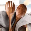 Spoons 2Pcs Wooden Salad Spoon Set Large Serving Fork Wood Kitchen Utensils Server Mixer Soup Ladle Tableware