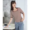 Women's T Shirts Toyouth Women T-shirt 2023 Summer Short Sleeve Square Neck Slim Stretch Tees Classic Stripe Design Casual Chic Basic Tops