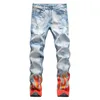 Jeans pour hommes Flame Print Snow Washed Light Blue Denim Pantalon Slim Straight Straight White2534