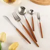 Dinnerware Sets 5Pcs Portuguese Tableware 304 Stainless Steel Cutlery Set Wooden Handle Dinner Knife Fork Spoon Tea Western Flatware