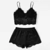 WHOLE Women Summer Shorts Sets V-Neck Sleepwear Black LACE Satin Pajama Women Pajamas Spaghetti Strap Lace Sexy Pajama300d