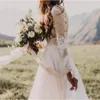 2023 Bohemian Country Wedding Dresses With Sheer Long Sleeves Bateau Neck A Line Lace Applique Chiffon Boho Bridal Gowns Cheap