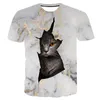 Summer New Animal Series Impressão Digital Masculina e Feminina Manga Curta T-shirt Cracked Cat Personality Gola Redonda