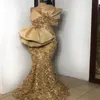 Robe de Soiree de Mariage Gold Mermaid aftonklänningar Big Bow Long Appliqued Pärled African Prom Dress Arabic Vestidos Formes327w
