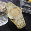 Luxe unisexe argent or plein diamant mode montres Quartz analogique en acier inoxydable Bracelet Bracelet montre-bracelet pour cadeau