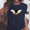 Nova camiseta feminina solta com gola redonda e estampa de abelhinha criativa de verão