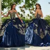 2020 Navy Quinceanera Dresses Gold Appliques Sweetheart Princesa Vestido de Baile Sweet 16 Tule Princesa Vestido de Baile Vestidos de Noite269T