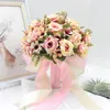 Wedding Flowers Bouquet With Silk Satin Ribbon Pink White Champagne Bridesmaid Bridal Party Holding FlowersArtificial Natural Rose251a