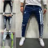 Män mager denim cyklist jeans sida randiga mens rippade byxor förstörda hål repade blixtlås smal fit jean byxor313o