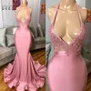 Rose Sirène Robes De Bal Sexy Halter Cou Dos Nu Appliques Paillettes Top Volants Long Train Robes De Soirée Femmes Occasion Robe230v