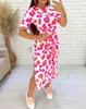 Vestidos Casuais Moda Americana Feminino Doce Manga Curta Rosa Leopardo Estampa Amarrado Detalhe Vestido Fenda Verão Europeu