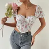 Damen-T-Shirts, Sommer, Blumendruck, Vintage-Spitze, Korsett, bauchfreie Tops, Frauen, Rüschen, quadratischer Ausschnitt, kurze Ärmel, offener Rücken, schmales T-Shirt, lässig